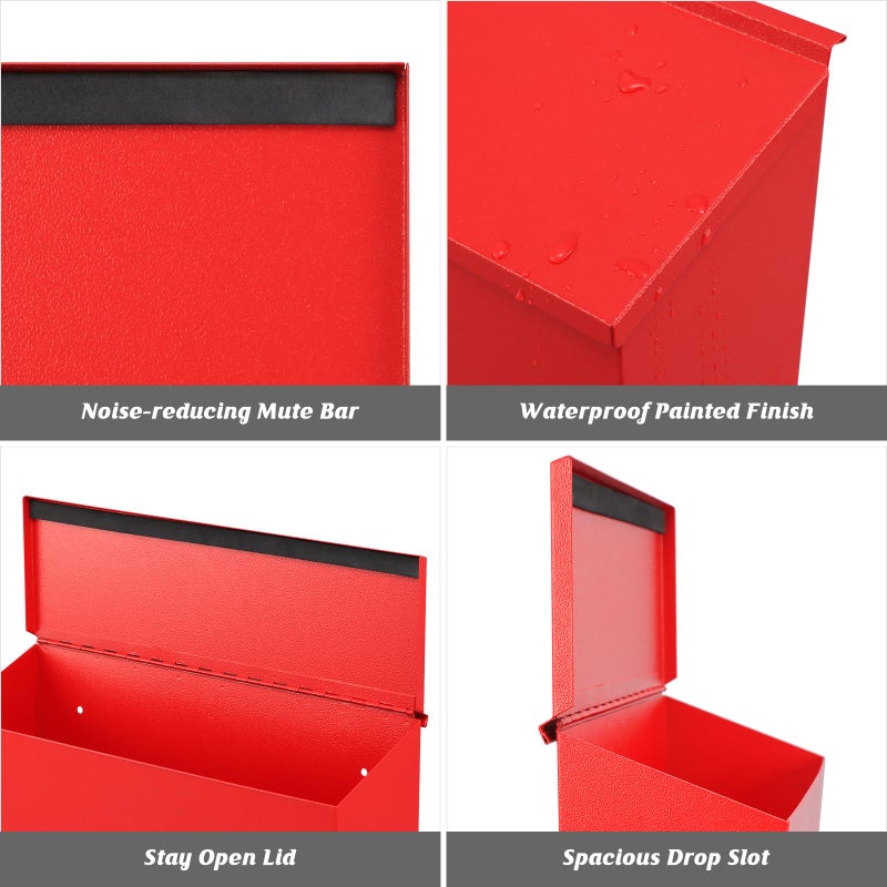 KYODOLED Wall-Mount Mailbox, Large Capacity Mail Box, Galvanized Steel Rust-Proof Metal Post Box, Mailboxes for Outside,15.7"x9.9"x4.9" Red - Image 4